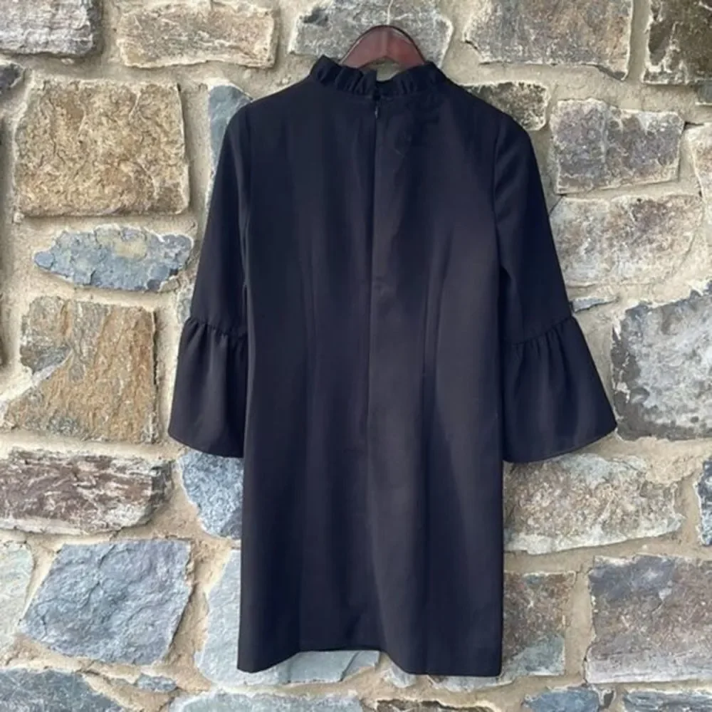 J. Crew Black Ruffle Neck 3/4 Sleeve Shift Dress in 365 Crepe Size 2